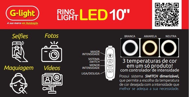 Ring Light LED 10'' 8W 3000K/4200K/6500K Preta 5V USB C/Tripe 19CM