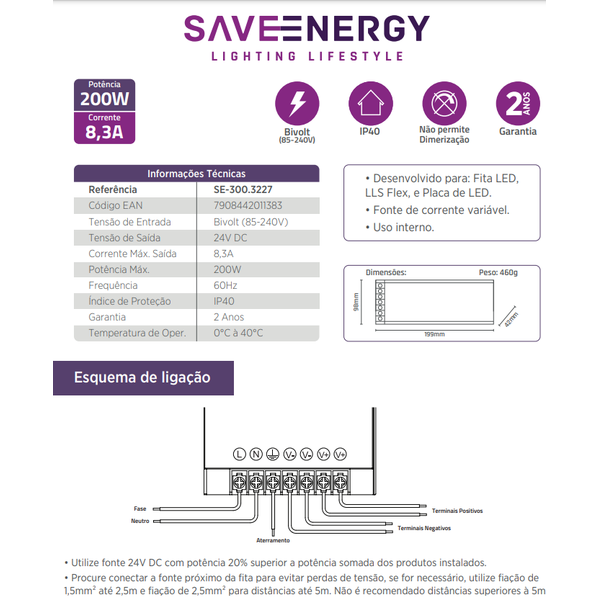 fonte 24v 8 3a 200w save especificacoes
